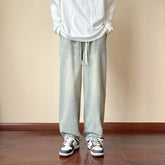 Threebooy Men's Wide Leg Jeans Straight Elastic Waist Baggy Casual Korean Fashion Retro Oversize Male Drawstring Design Pants